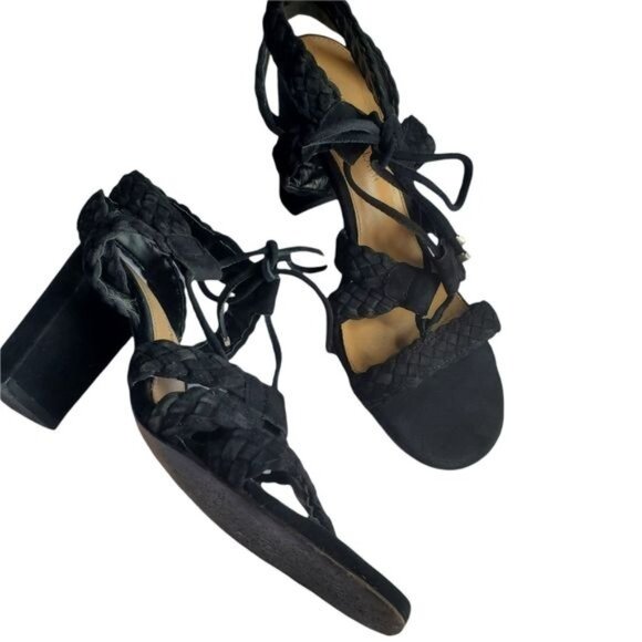 ANTONIO MELANI Block Heel Sandals SZ 8 Leather Round Open Toe‎ Strapy Braided 4" - Picture 8 of 12